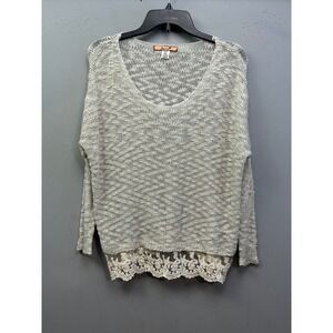 So It Is Sweater Womens Small Ivory Lace Trim V-Neck Open Knit Pullover Neutral